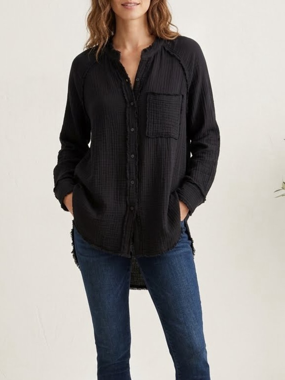 Aerie Black Gauzy Coverup Shirt Raw Edge Button Down Oversized S